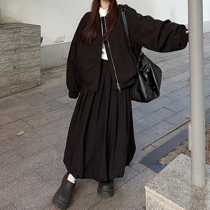 Plain Zip-Up Bomber Jacket / High Rise Pleated Maxi A-Line Skirt SpreePicky