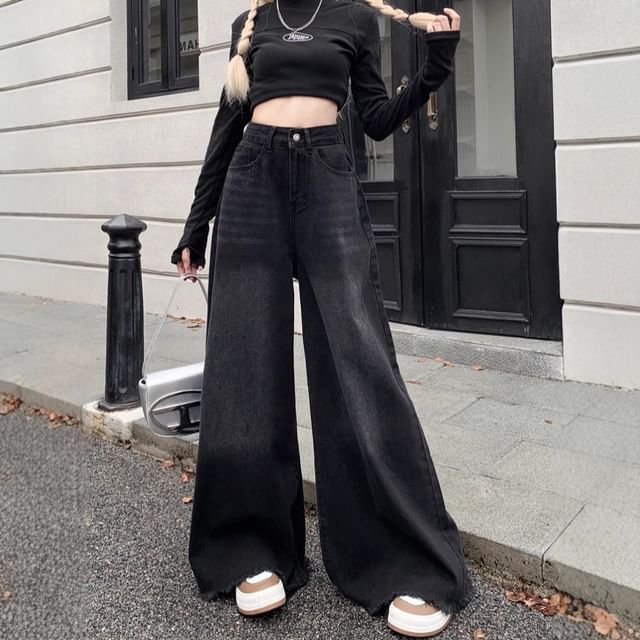 High Waist Washed Frayed Wide Leg Jeans SpreePicky