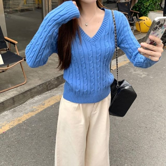 V-Neck Plain Cable Knit Sweater / High Waist Wide Leg Pants SpreePicky