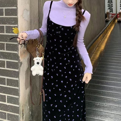 Long-Sleeve Mock Neck Plain Lettuce Edge Knit Top / Spaghetti Strap Floral Print Velvet Maxi A-Line Jumper Dress SpreePicky