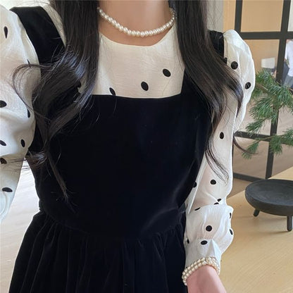 Long-Sleeve Crew Neck Dotted Blouse / Square Neck Plain Velvet Mini A-Line Jumper Dress SpreePicky