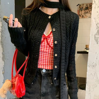 Long-Sleeve V-Neck Gingham Lace Trim Crop T-Shirt / Round Neck Plain Perforated Button-Up Cardigan / Skinny Scarf / Set SpreePicky