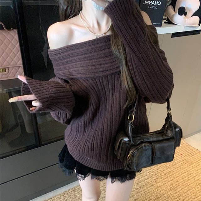 Off-Shoulder Plain Oversized Sweater SpreePicky