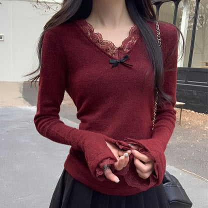 Long-Sleeve V-Neck Plain Bow Accent Lace Trim Slim Fit Knit Top SpreePicky