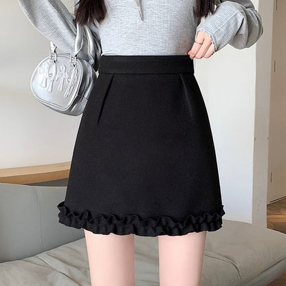 High Waist Plain Frill Trim Mini A-Line Skirt SpreePicky