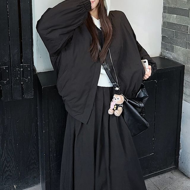 Plain Zip-Up Bomber Jacket / High Rise Pleated Maxi A-Line Skirt SpreePicky