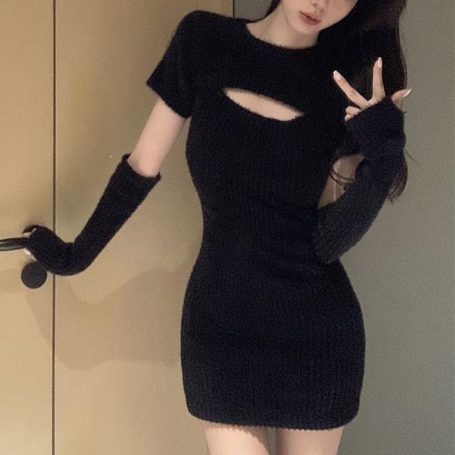 Set: Short-Sleeve Crew Neck Plain Cutout Mini Bodycon Knit Dress + Long Gloves SpreePicky