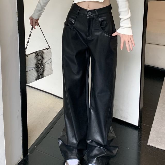 High Waist Plain Faux Leather Wide Leg Pants SpreePicky