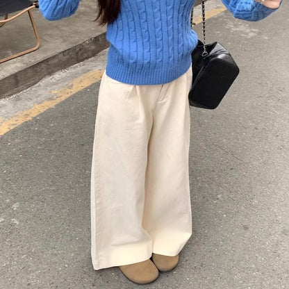 V-Neck Plain Cable Knit Sweater / High Waist Wide Leg Pants SpreePicky