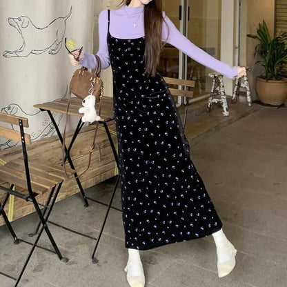 Long-Sleeve Mock Neck Plain Lettuce Edge Knit Top / Spaghetti Strap Floral Print Velvet Maxi A-Line Jumper Dress SpreePicky