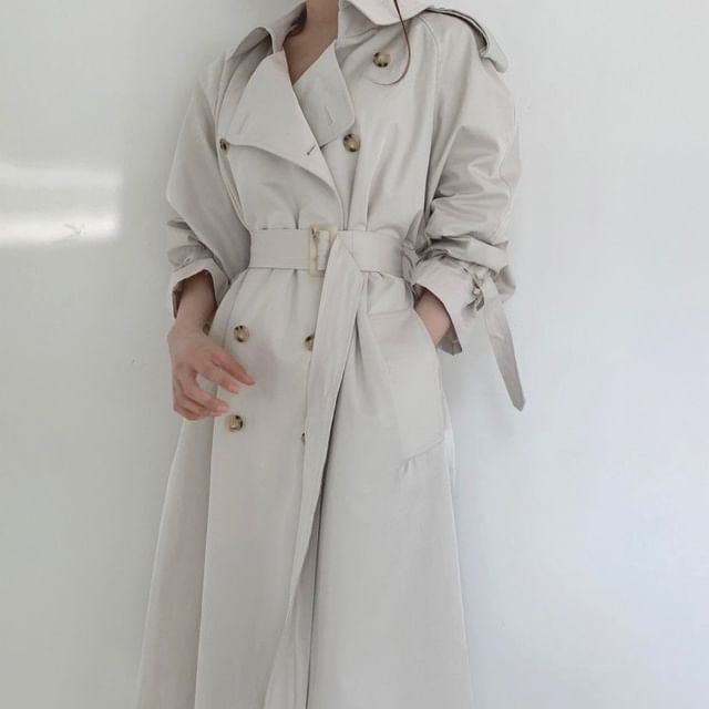 Collared Plain Back Slit Midi Double Breasted Trench Coat SpreePicky