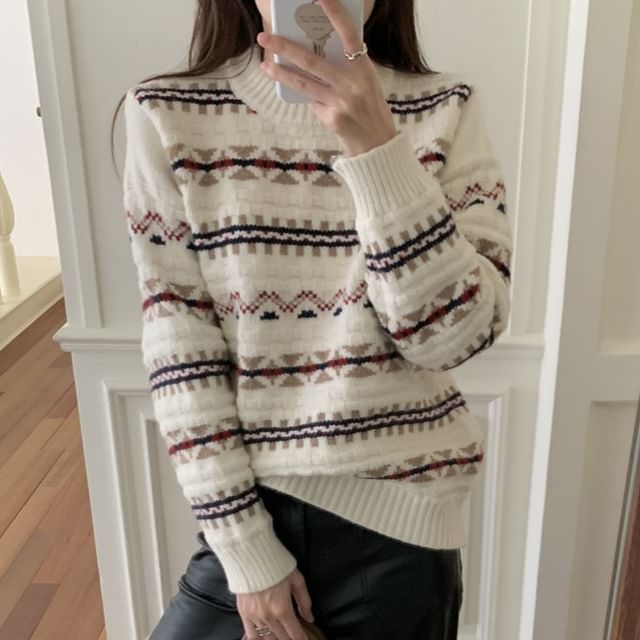 Round Neck Patterned Sweater SpreePicky