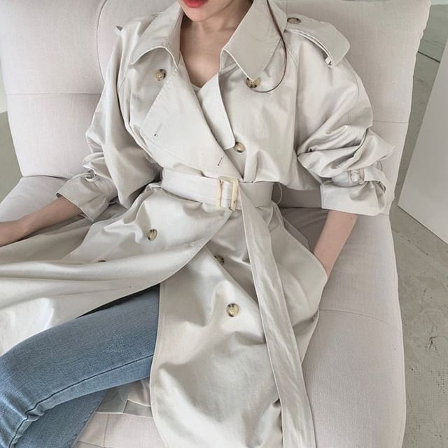 Collared Plain Back Slit Midi Double Breasted Trench Coat SpreePicky