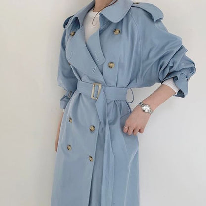 Collared Plain Back Slit Midi Double Breasted Trench Coat SpreePicky