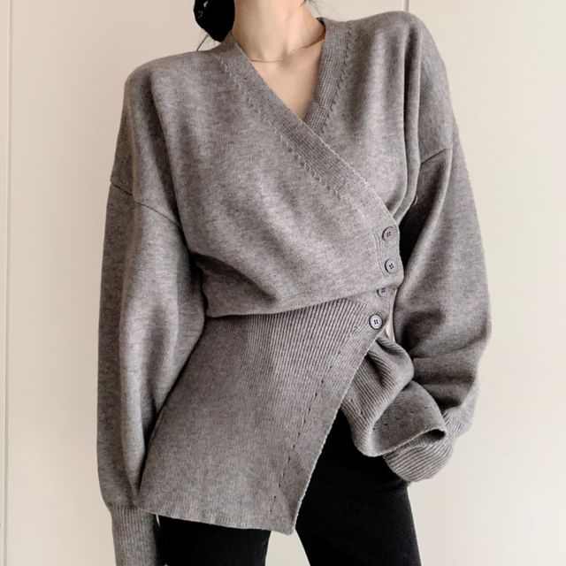 V-Neck Plain Button Wrap Sweater SpreePicky