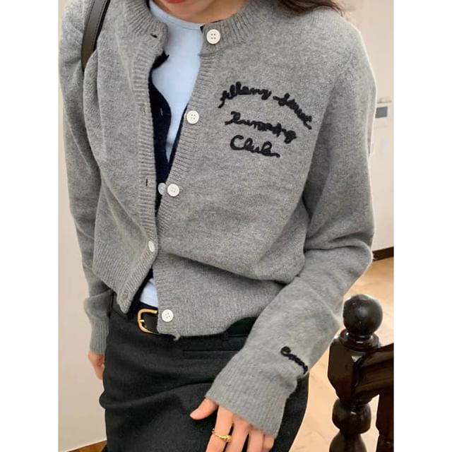 Round Neck Lettering Embroidered Mock Two Piece Cardigan SpreePicky