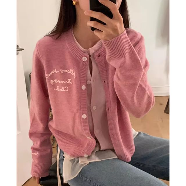 Round Neck Lettering Embroidered Mock Two Piece Cardigan SpreePicky