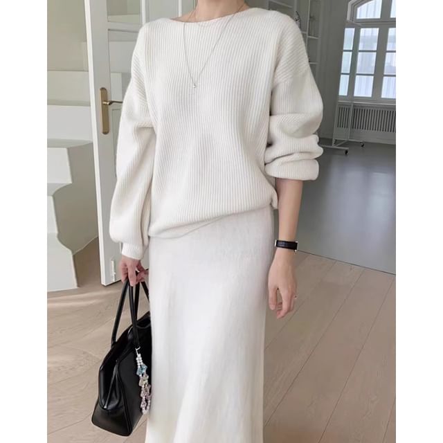 Set: Boat Neck Plain Ribbed Sweater + High Rise Knit Midi A-Line Skirt SpreePicky