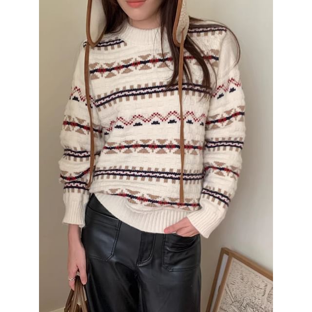 Round Neck Patterned Sweater SpreePicky