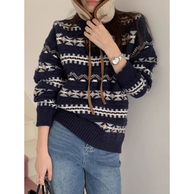 Round Neck Patterned Sweater SpreePicky