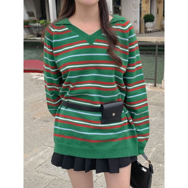 V-Neck Collared Striped Sweater SpreePicky