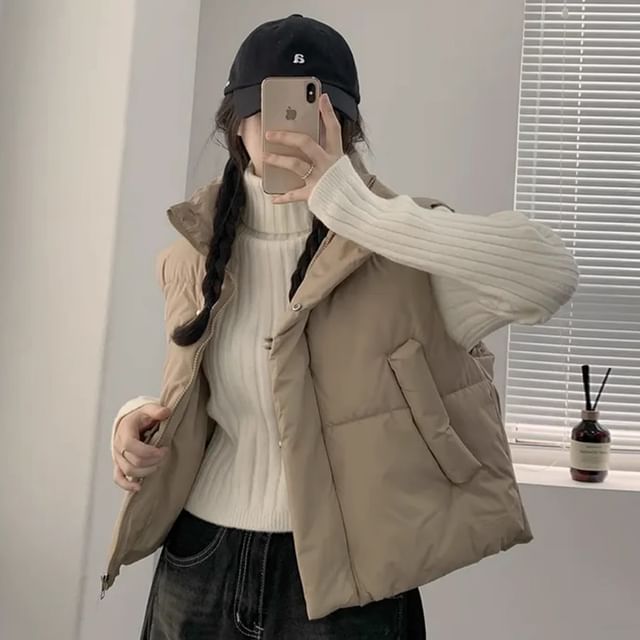 Stand Collar Plain Zip Puffer Vest SpreePicky