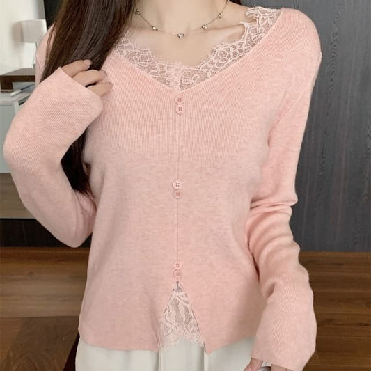 Long-Sleeve V-Neck Plain Lace Panel Button Accent Knit Top SpreePicky