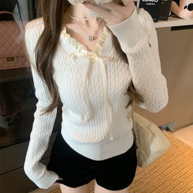 Long-Sleeve V-Neck Bow Accent Frill Trim Cable Knit Top SpreePicky