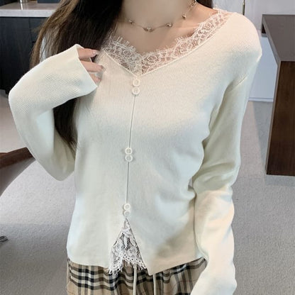 Long-Sleeve V-Neck Plain Lace Panel Button Accent Knit Top SpreePicky