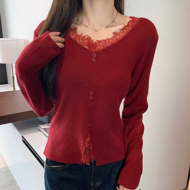 Long-Sleeve V-Neck Plain Lace Panel Button Accent Knit Top SpreePicky