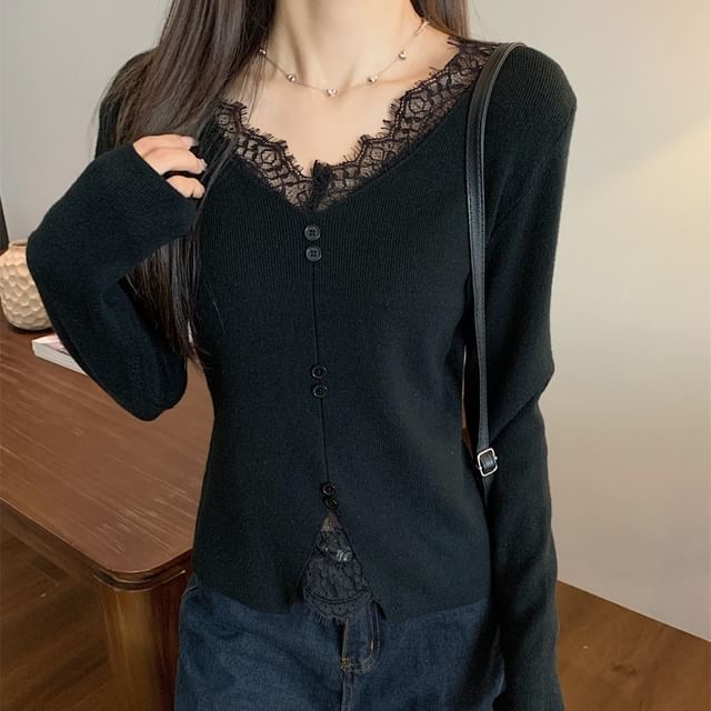 Long-Sleeve V-Neck Plain Lace Panel Button Accent Knit Top SpreePicky