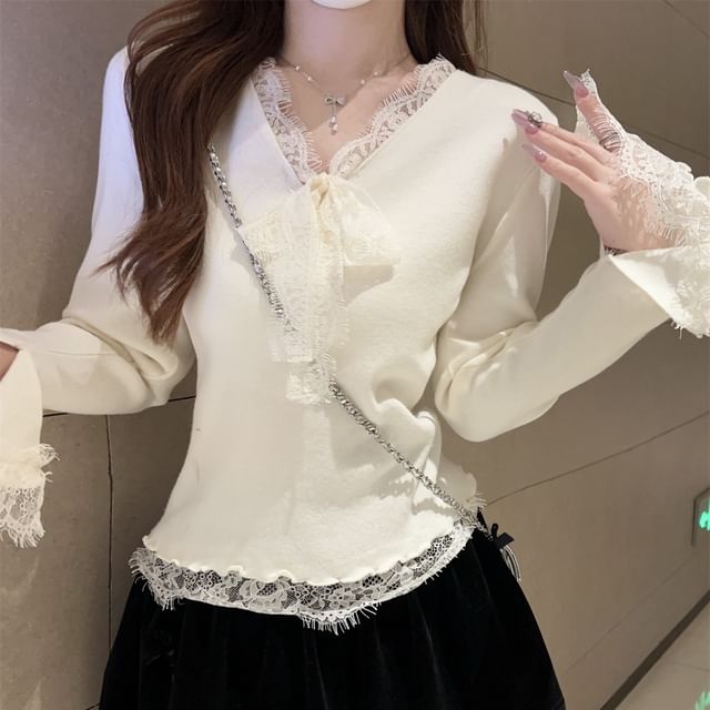 Long-Sleeve V-Neck Lace Panel Tie Front Slim Fit Knit Top SpreePicky