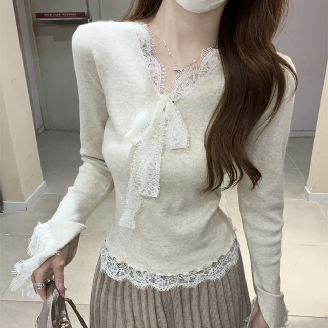 Long-Sleeve V-Neck Lace Panel Tie Front Slim Fit Knit Top SpreePicky