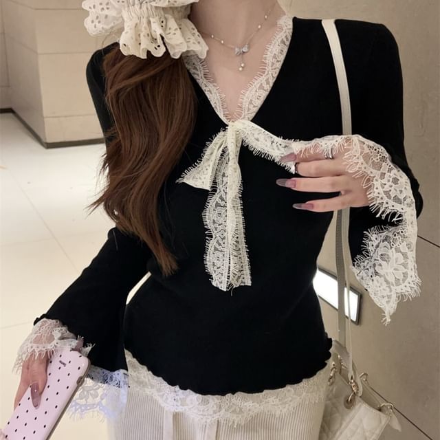 Long-Sleeve V-Neck Lace Panel Tie Front Slim Fit Knit Top SpreePicky