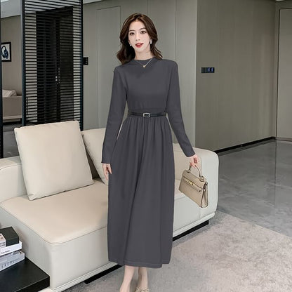 Long-Sleeve Mock Neck Plain Cutout Back Midi A-Line Knit Dress SpreePicky