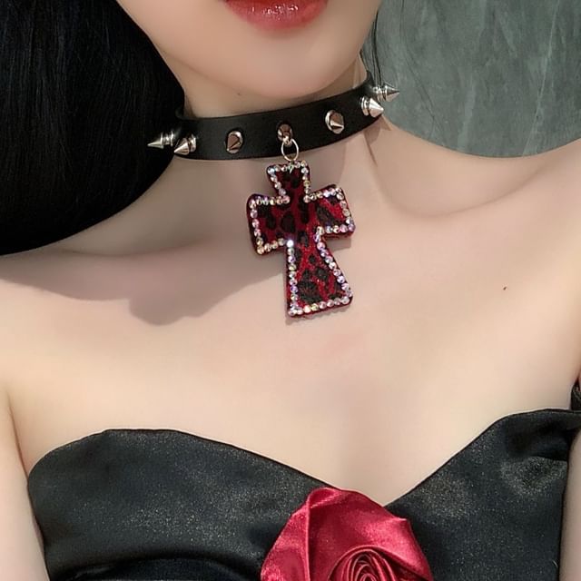 Cross Rhinestone Pendant Studded Faux Leather Choker SpreePicky