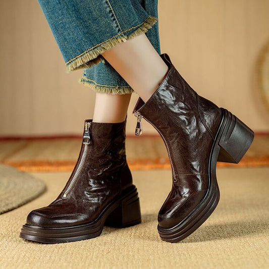 Chunky Heel Plain Zip-Up Genuine Leather Short Boots SpreePicky