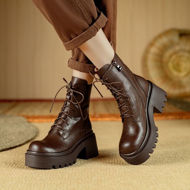 Platform Plain Lace-Up Genuine Leather Short Boots SpreePicky