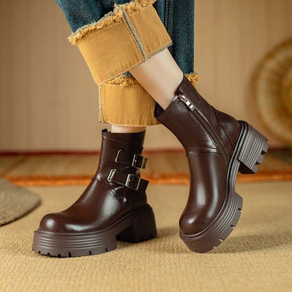 Platform Plain Buckled Zip-Up Genuine Leather Short Boots SpreePicky