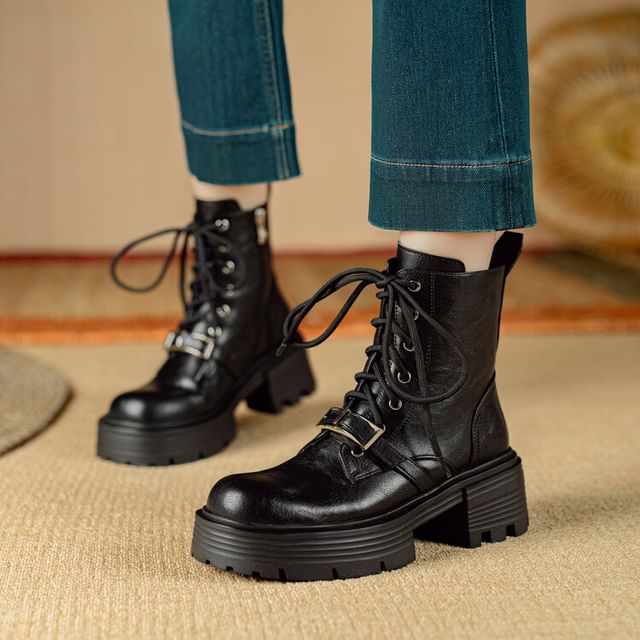 Platform Plain Buckled Lace-Up Genuine Leather Short Boots SpreePicky