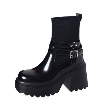 Platform Plain Buckled Genuine Leather Short Boots SpreePicky