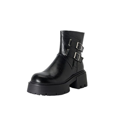 Platform Plain Buckled Zip-Up Genuine Leather Short Boots SpreePicky