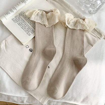 Plain Lace Trim Ribbed Socks SpreePicky