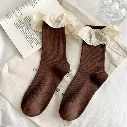 Plain Lace Trim Ribbed Socks SpreePicky