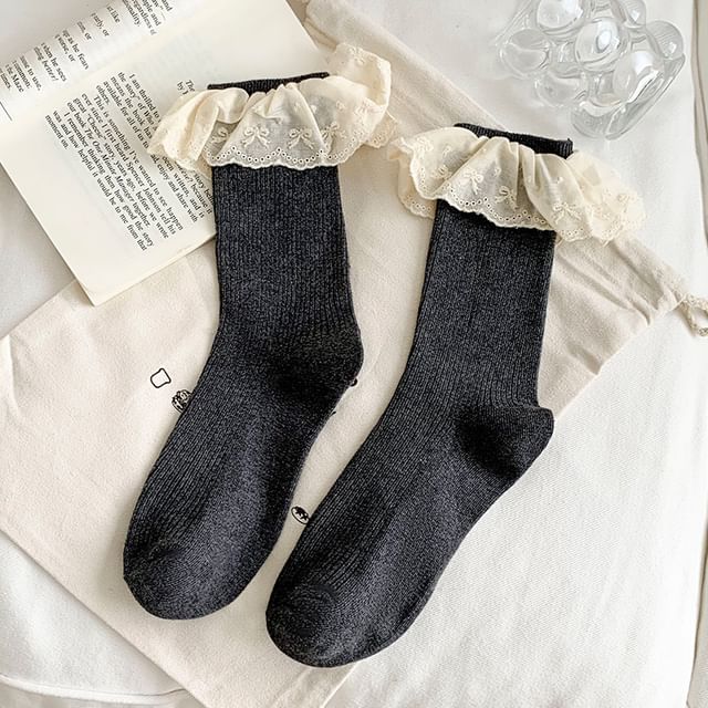 Plain Lace Trim Ribbed Socks SpreePicky