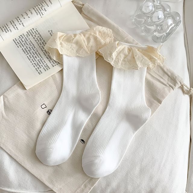 Plain Lace Trim Ribbed Socks SpreePicky