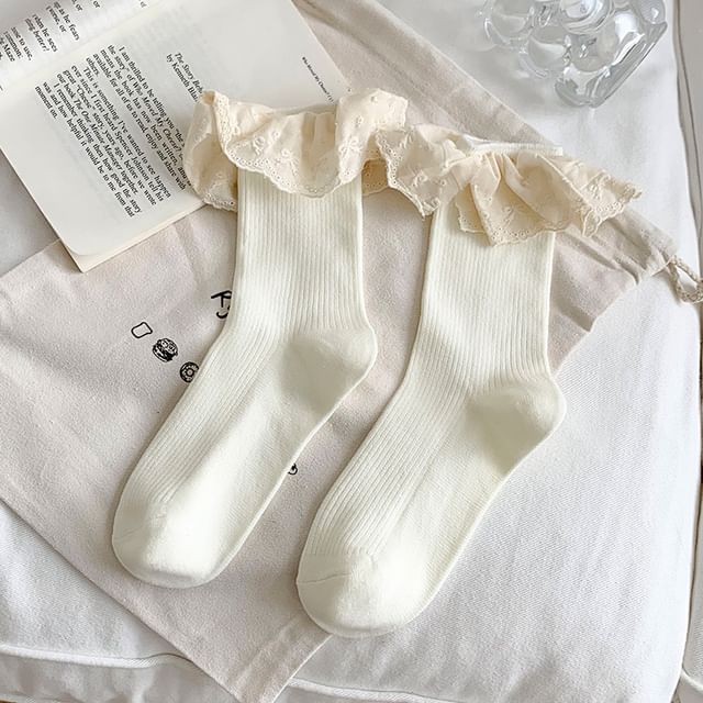 Plain Lace Trim Ribbed Socks SpreePicky