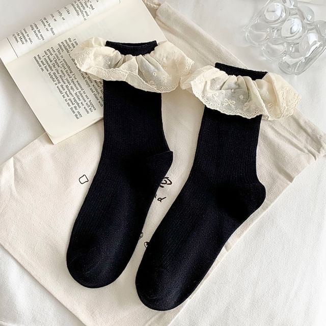 Plain Lace Trim Ribbed Socks SpreePicky