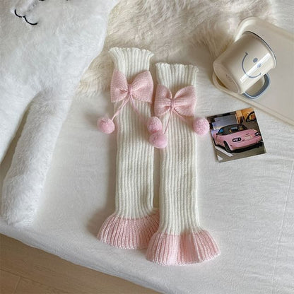 Two Tone Bow Pom Pom Ribbed Knit Leg Warmers SpreePicky