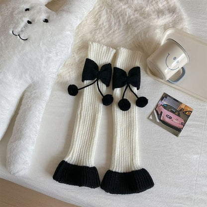 Two Tone Bow Pom Pom Ribbed Knit Leg Warmers SpreePicky